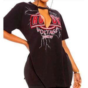 Fashion Nova Tshirt XL Women's Black Vneck Cut Out Side Slits Rock & Roll Band